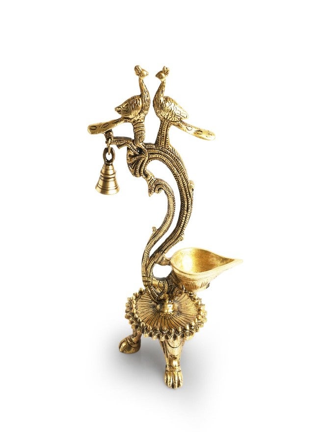 إكسكلوسيف لاين مصباح زيت نحاسي فاخر من ExclusiveLane بتصميم "زوج من الطاووس" لغرفة الصلاة، مزين بالأحجار الكريمة (نحاس نقي 100%، فتيل واحد، 20 مل، 1.3 كجم) | مصابيح زيت نحاسية لغرفة الصلاة، مصابيح زيت لتدفئة المنزل، مصابيح زيت للطاولة، هدايا تذكارية لعيد ديوالي - Image 2